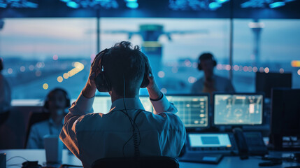 Stressed air traffic controller at night in control room.
