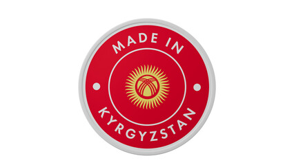 Made in Kyrgyzstan. Circle country flag product label round pinback button banner simple. Transparent backgound. 3d rendered with alpha channel. Round shape.