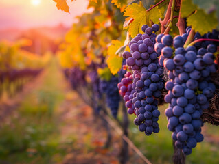 Ripe Purple Grapes Hanging in a Vineyard at Sunset