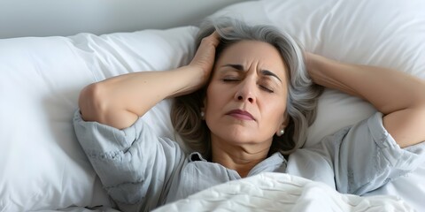 Middleaged woman struggling to sleep in bed due to late morning insomnia. Concept Insomnia, Sleep Difficulties, Middle-aged Women, Bedtime Routine, Late Morning Insomnia