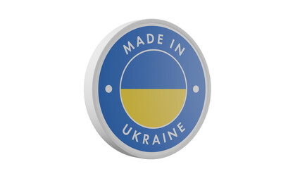 Made in Ukraine. Circle country flag product label round pinback button banner simple. Transparent backgound. 3d rendered with alpha channel. Round shape.