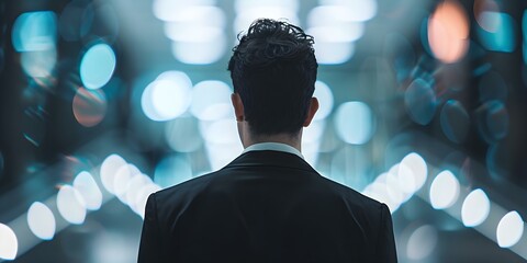 Businessman entering digital metaverse for work and networking opportunities. Concept Digital Metaverse, Business Networking, Virtual Workspaces, Technology Innovations, Future of Work