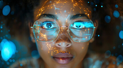 Young woman wearing glasses with digital interface reflections, glowing circuits overlay on her face, futuristic technology concept