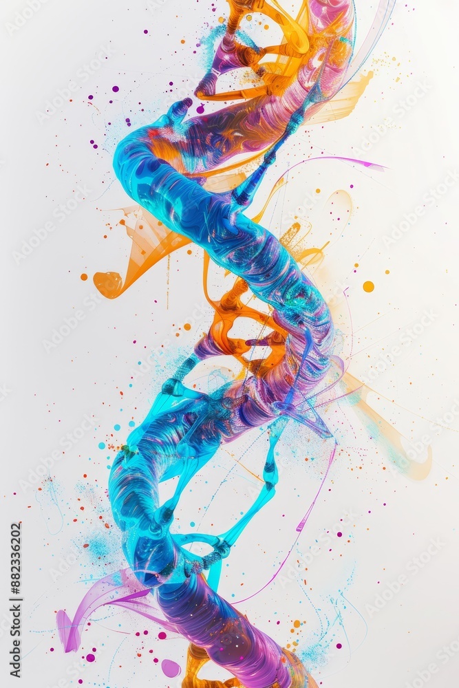 Poster vibrant abstract digital painting of dna double helix with colorful patterns on a minimalist white b