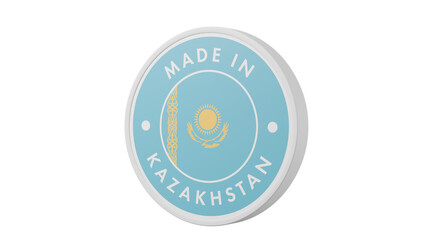 Made in Kazakhstan. Circle country flag product label round pinback button banner simple. Transparent backgound. 3d rendered with alpha channel. Round shape.