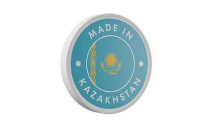 Made in Kazakhstan. Circle country flag product label round pinback button banner simple. Transparent backgound. 3d rendered with alpha channel. Round shape.