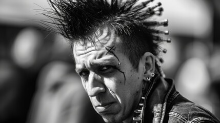 Angry punk with a mohawk. Portrait of a punk man with piercings and tattoos.