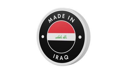 Made in Iraq . Circle country flag product label round pinback button banner simple. Transparent backgound. 3d rendered with alpha channel. Round shape.