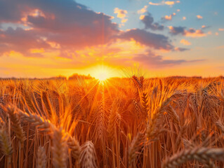Naklejka premium Golden Wheat Field at Sunset With Red Sky and Clouds