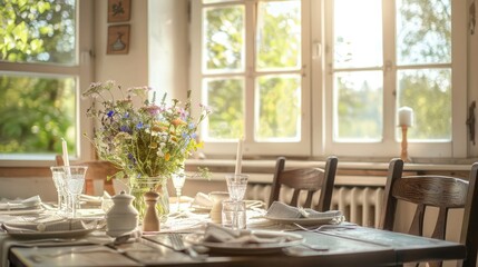 Fototapeta premium Cozy dining room with a vintage table, quaint table settings, a bouquet of wildflowers, and bright windows offering a view outside.