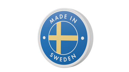 Made in Sweden. Circle country flag product label round pinback button banner simple. Transparent backgound. 3d rendered with alpha channel. Round shape.