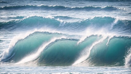Fototapeta premium Huge ocean wave crashes on shore, white foam exploding, blue water meets golden sand, sky and sea merge in powerful display of nature's energy
