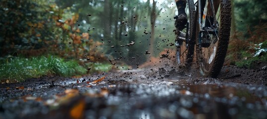 Cyclist Navigates Muddy Forest Trail After Rain - Adventure, Outdoor Challenge, Nature, Action