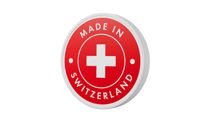 Made in Switzerland. Circle country flag product label round pinback button banner simple. Transparent backgound. 3d rendered with alpha channel. Round shape.