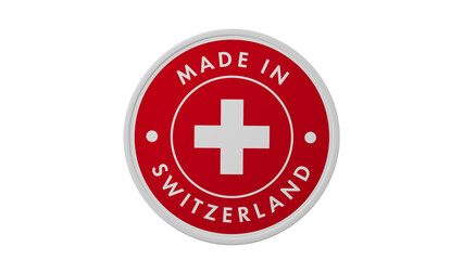 Made in Switzerland. Circle country flag product label round pinback button banner simple. Transparent backgound. 3d rendered with alpha channel. Round shape.