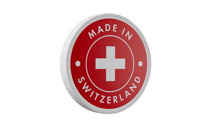 Made in Switzerland. Circle country flag product label round pinback button banner simple. Transparent backgound. 3d rendered with alpha channel. Round shape.