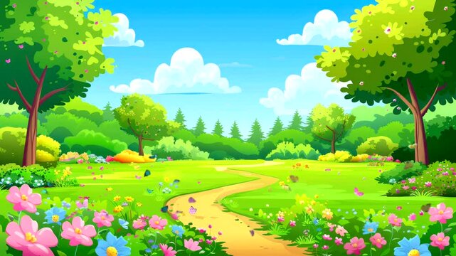 nature background with green grass, butterfly and bush cartoon style for kid video animation background Seamless looping time-lapse 4k quality