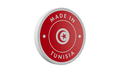 Made in Tunisia . Circle country flag product label round pinback button banner simple. Transparent backgound. 3d rendered with alpha channel. Round shape.