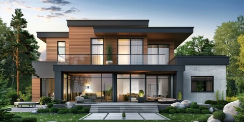 Fototapeta premium Contemporary Home with a For Sale Sign: Emblematic of Real Estate Market Research and the Property Purchasing Journey for Aspiring Homebuyers