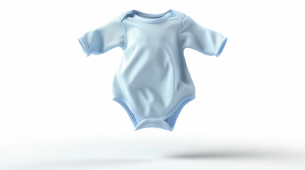 A baby blue onesie is hanging in the air. The image is a close up of the shirt, with the sleeves and collar visible. The shirt is hanging from a clothesline, and it is a baby's outfit