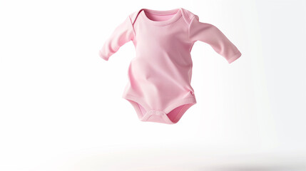 A pink baby outfit is floating in the air. Concept of playfulness and innocence, as the baby outfit is not grounded and he is in motion