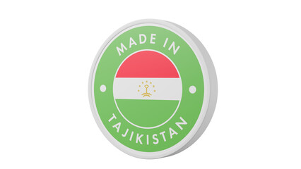 Made in Tajikistan. Circle country flag product label round pinback button banner simple. Transparent backgound. 3d rendered with alpha channel. Round shape.