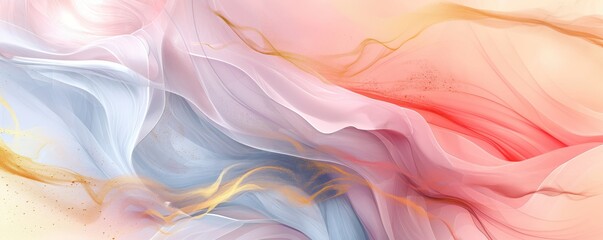 Abstract landscape with marble and gold swirls, pastel colors, fluid lines, dreamy atmosphere, ink art, fantasy style, high resolution. 