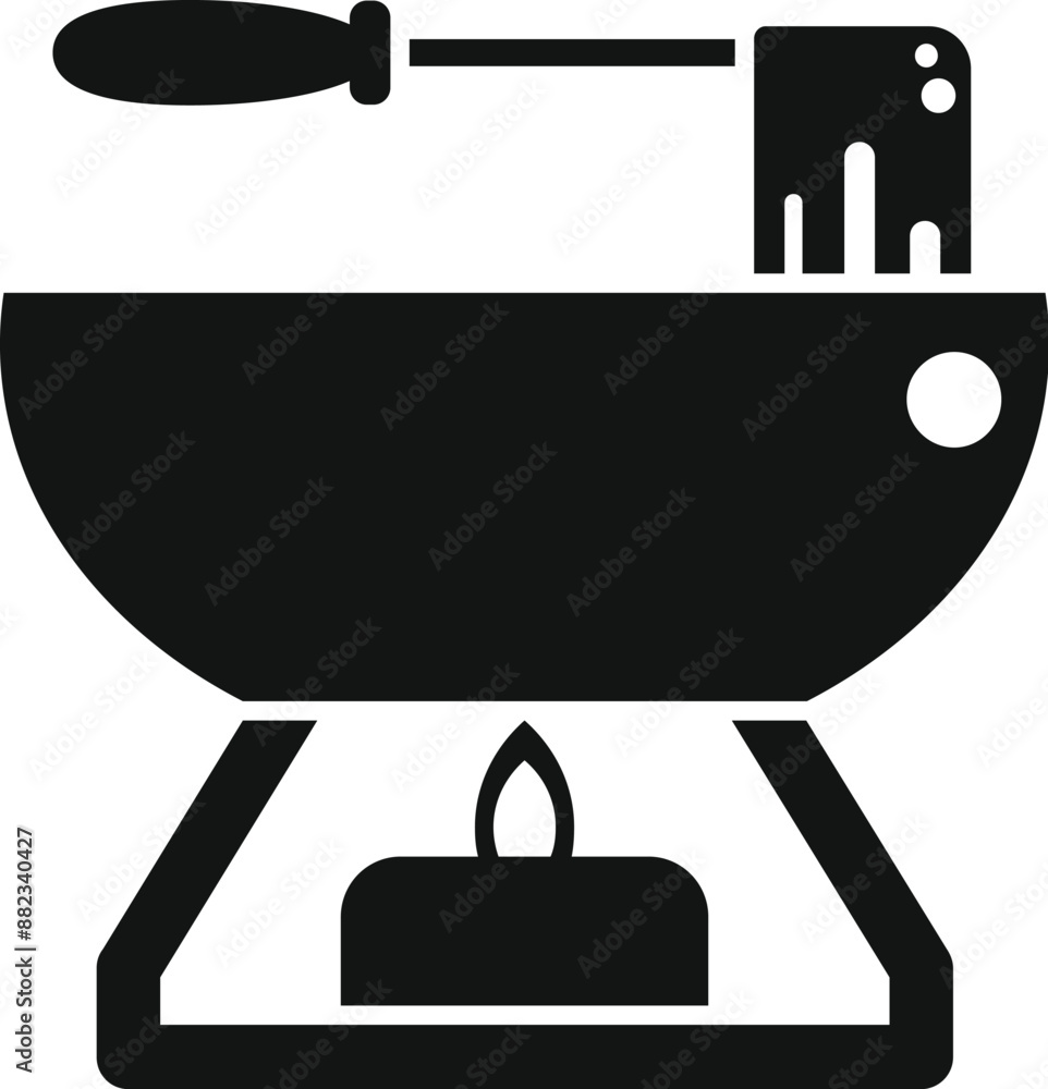 Poster black silhouette icon of a fondue pot heating on a burning candle with a long fork dipping food