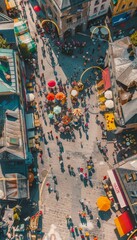 Obraz premium Aerial View of a Vibrant Street Festival in a European City with Performers and Colorful Decorations