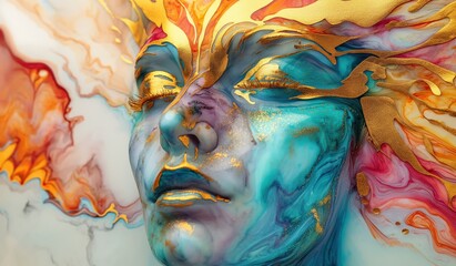 Fototapeta premium Beautiful abstract female face with a colorful wing, in the fantasy style, with gold and marble colors, on an alcohol ink background, a detailed illustration, dreamy, ethereal. 