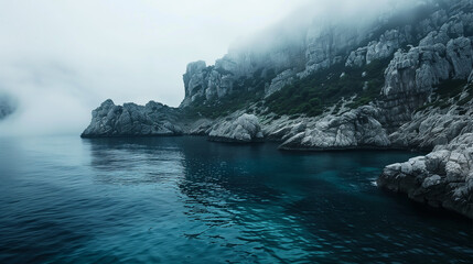 A foggy mountain range with a body of water in front of it. The water is calm and the sky is cloudy