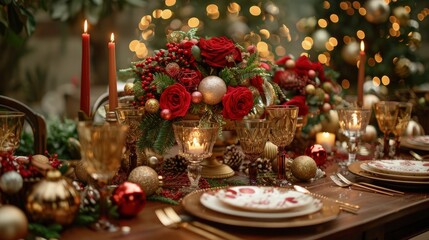 Elegant holiday dinner table setup with red roses, candles, and golden decorations, exuding festive warmth and charm.