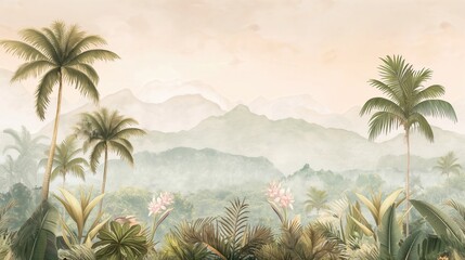 Vintage wallpaper of a coastal rainforest with playful monkeys, palm trees and rolling mountains in gentle pastel colors. mural art style. 