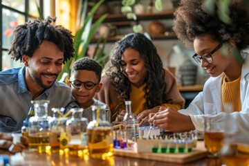 Family Engaged in Home DNA Testing with Grandparent, Children, Test Tubes and Swabs for Genetics Discoveries