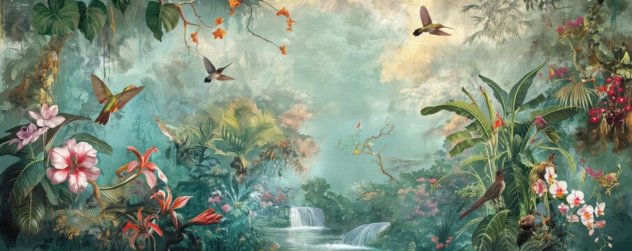 Fototapeta Vintage wallpaper of a colorful rainforest with hummingbirds, orchids and cascading streams in pastel tones. mural art style. 