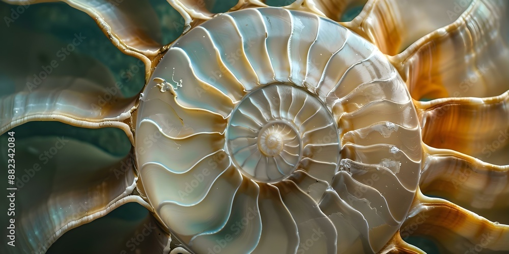 Poster stock photo of a nautilus shell showcasing fibonacci sequence and symmetry. concept mathematics, sym