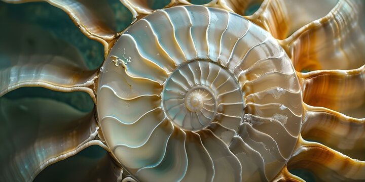 Stock photo of a nautilus shell showcasing Fibonacci sequence and symmetry. Concept Mathematics, Symmetry, Fibonacci Sequence, Nautilus Shell, Stock Photo