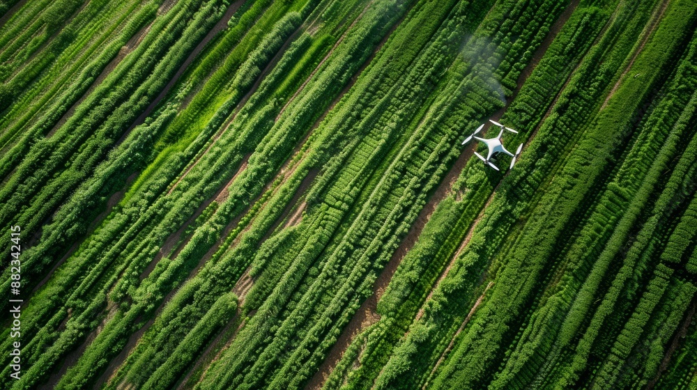 Poster farmer using drone to monitor crops in agricultural field for precision farming practices