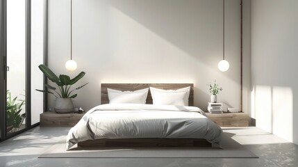 Fototapeta premium Discover the beauty of a minimal bedroom background with contemporary interior design, showcasing simplicity, elegance, and modern sophistication. 