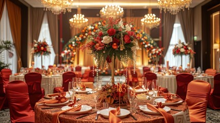 Elegant wedding reception with lavish red decorations, floral centerpieces, and luxurious table settings in a grand ballroom.