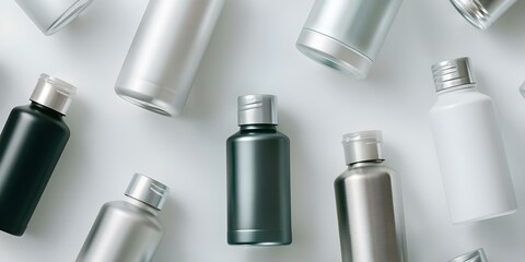 Topdown view of various aluminum deodorant spray bottles on clean background. Concept Product Photography, Deodorant Bottles, Aluminum Packaging, Topdown View, Clean Background