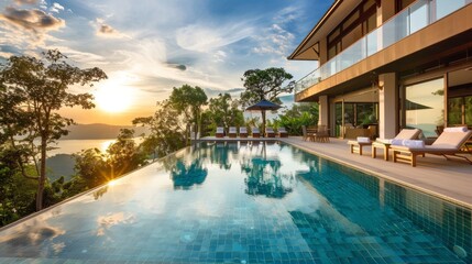 Fototapeta premium big pool and luxury villa in the afternoon 