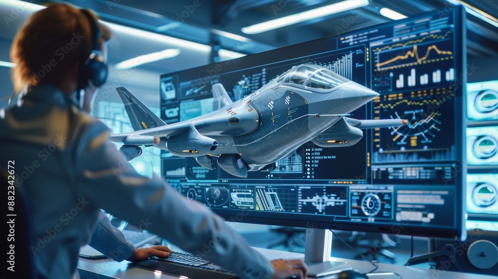 Poster aerospace engineers developing futuristic aircraft design on computer screens in high-tech office en
