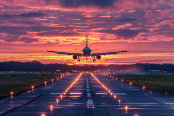 An airplane lands on a runway during a stunning sunset, with vivid colors painting the sky. The scene depicts the majesty and precision of aviation against a breathtaking natural backdrop.