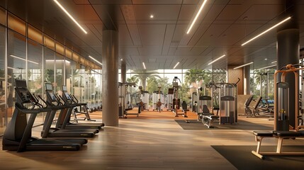 Modern gym interior with state-of-the-art fitness equipment, spacious workout areas, and natural lighting for an inspiring workout environment