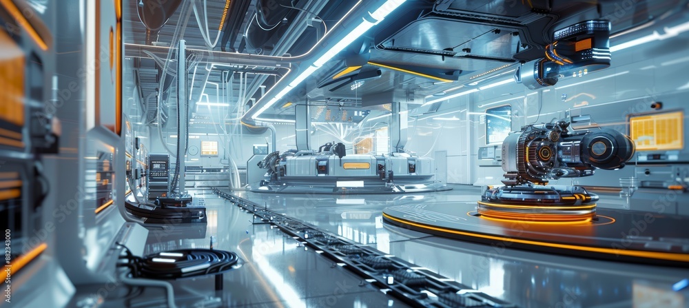 Poster futuristic engine testing facility with advanced diagnostic and monitoring systems