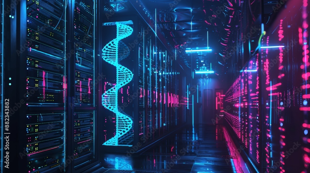 Poster futuristic dna data storage facility with holographic strands and advanced neon tech interface for h