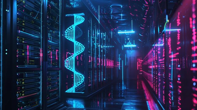 Futuristic DNA Data Storage Facility with Holographic Strands and Advanced Neon Tech Interface for High-Tech Environments