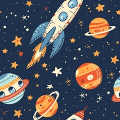 Seamless pattern of drawn rocket planets and stars, A cute kids painting