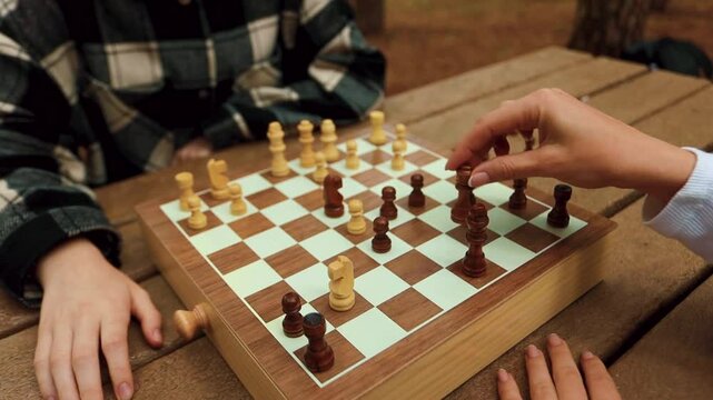 Game of chess. Family spending time in a summer park in nature on a sunny day. Board game, chess training